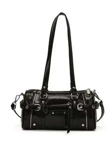 Punk Style Metal Buckle Underarm Bag, Vintage Oil Wax Leather Cylinder Shoulder Bag, American Y2K Sweet Cool Crossbody Bag