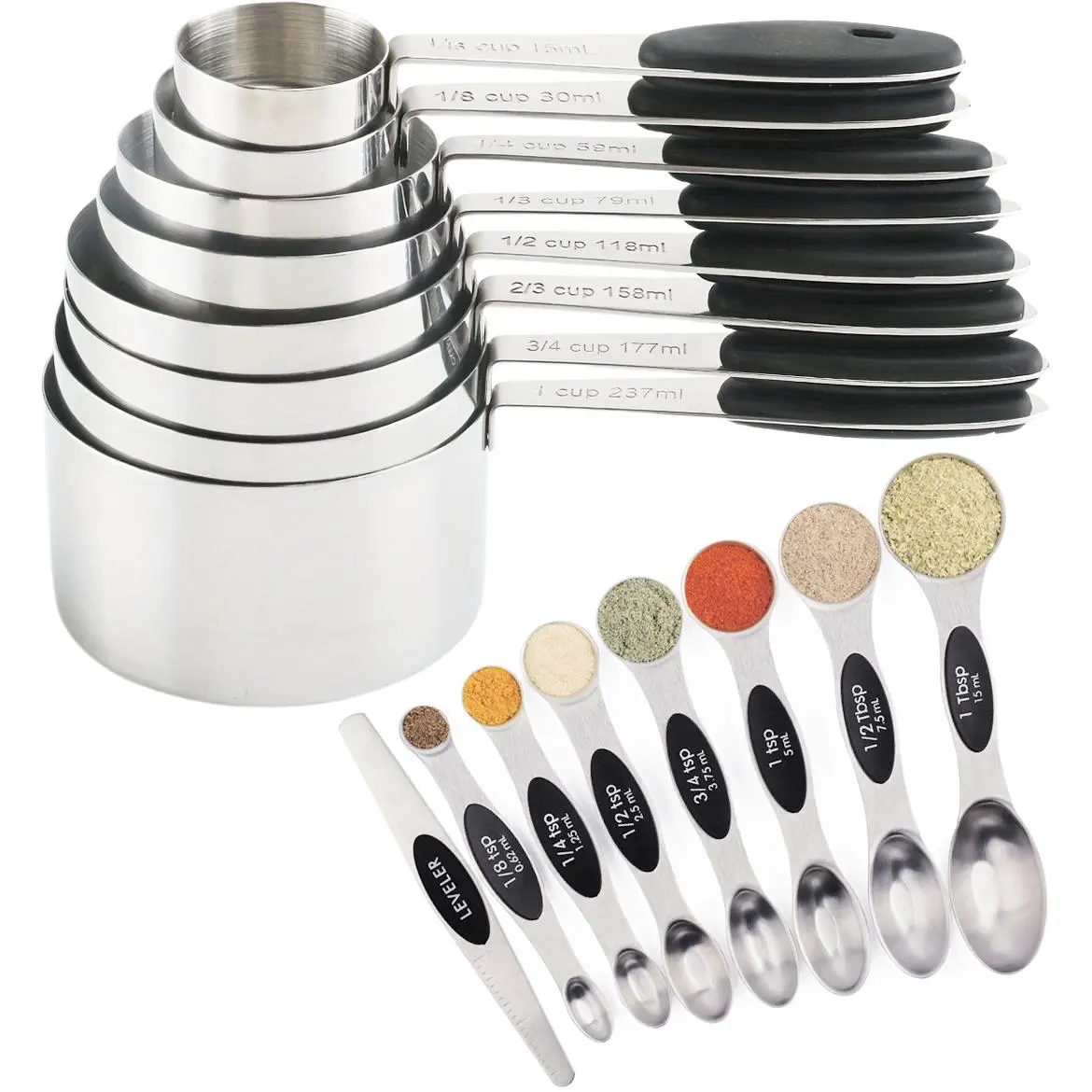 Measuring Cups & Spoons Set, 16pcs/set Stainless Steel Measuring Cups & Spoons Set, Kitchen Gadgets, Kitchenware, Kitchen Measuring Utensils, Non-slip Silicone Handle Measuring Cups for Cooking & Baking