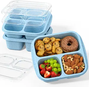 Meal Prep Containers - BPA-Free Wheat Straw Material, 3 Compartments, Top Easy-Open Lid Design for Kids & Adults Lunch Boxes