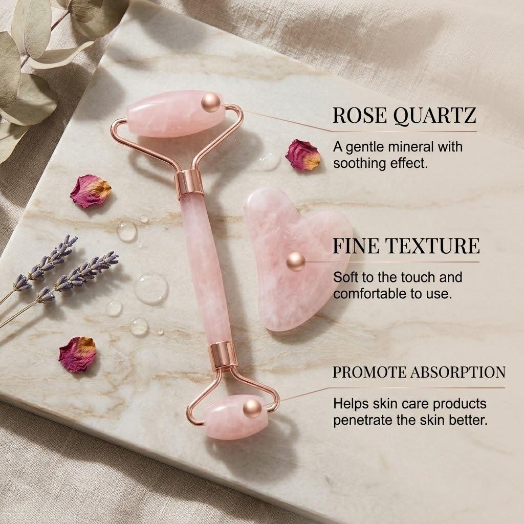 Rose Quartz Facial Roller & Gua Sha Set | Cooling Massage Tools for Glowing Skin & Self-Care Ritual