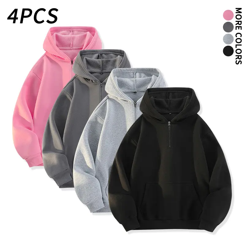 4 pcs basic solid color hoodies, loose half zip hooded sweatshirts with kangaroo pockets, classic casual style, suitable for relaxing at home, casual gatherings, and layering in all seasons.