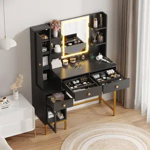 Garvee Makeup Vanity Desk and Stool, Vanity Dressing Table with Mirror Lights in 3 Colors, White Vanity Table with Charging Station