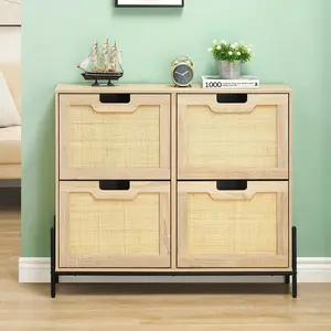 【Christmas Gift】Light/Pastel Yellow Natural Rattan Shoe Storage Cabinet, Freestanding Shoe Cabinet with 4 Flip Drawers, Modern Shoe Organizer with Adjustable Shelves, Ideal for Front Door Entrance, Hallway, Oak Metal Racks Decor Nature