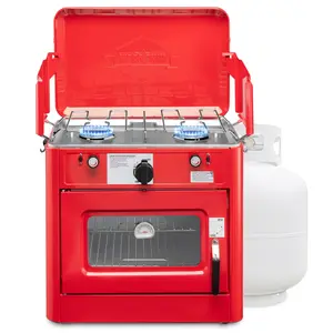 Hike Crew Outdoor Gas Camping Oven w/ Carry Bag | CSA Approved Portable Propane-Powered 2-Burner Stove & Oven | Auto Ignition, Overheat Safety Shutoff, Built-In Thermometer | Hose & Regulator Included
