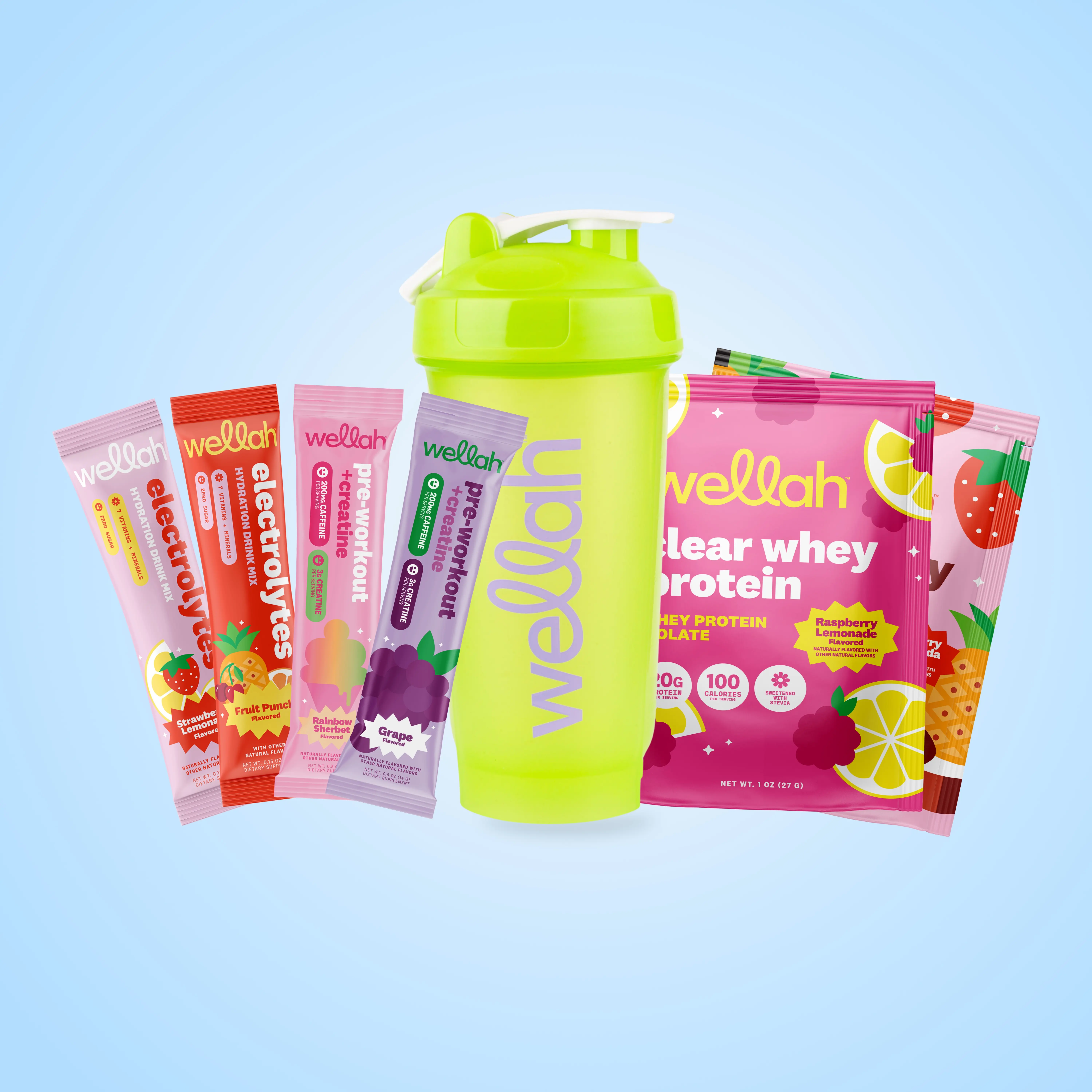 Wellah Performance Sample Pack | Clear Whey Protein + Pre-workout & Creatine + Electrolytes + Pink Shaker Bottle | Fitness Supplement