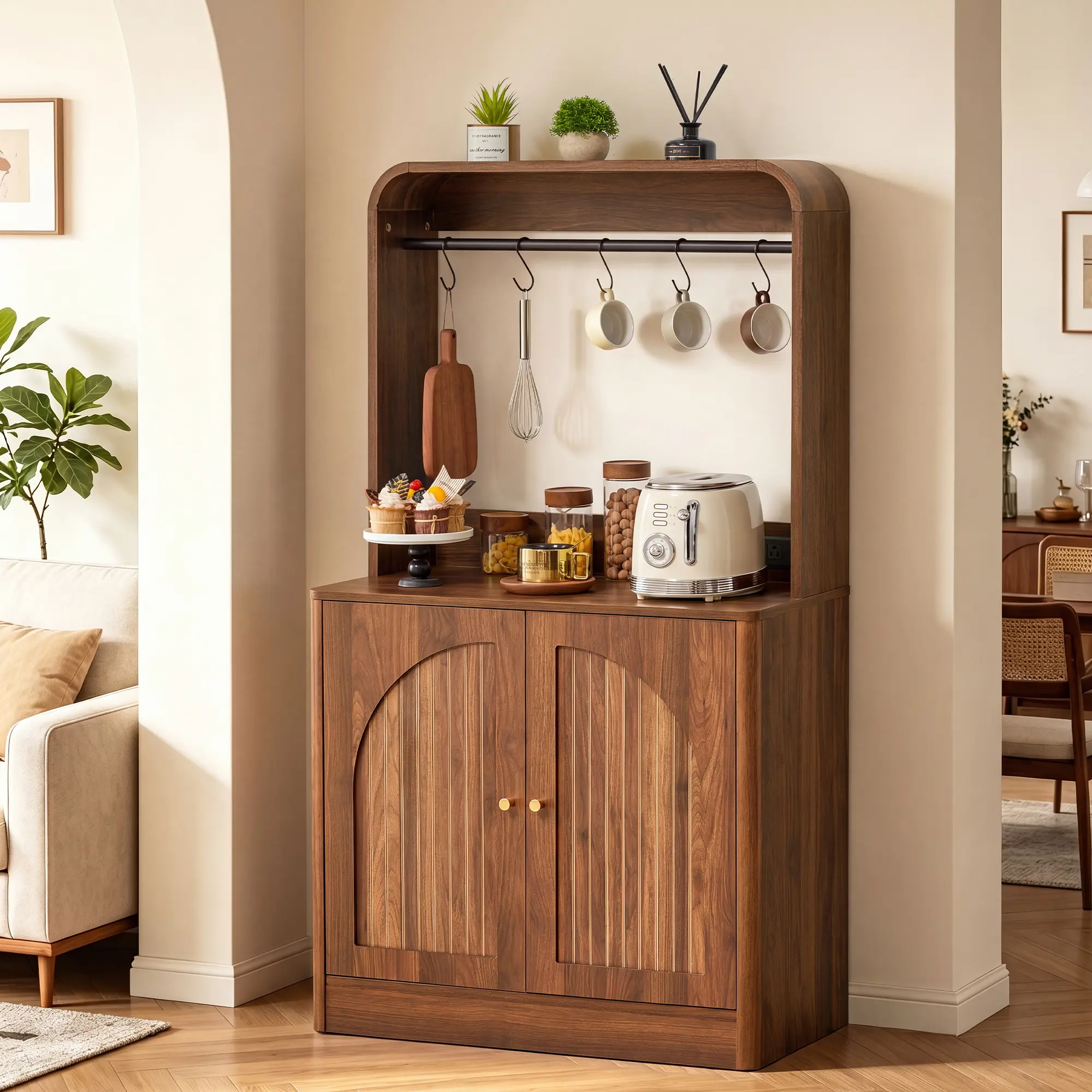 Giratree 69" Coffee Bar Cabinet with Charging Station, Arched Hutch Storage Arched hutch coffee station with built-in outlets, 5 mug hooks, fluted doors, adjustable shelf and soft-close storage