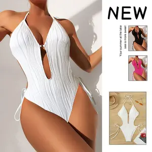 2026 New One-Piece Swimsuit for Women Solid Color Tie-Up Sexy High-Waisted Bikini Swimwear with Ruched Detail pool wear suit retro