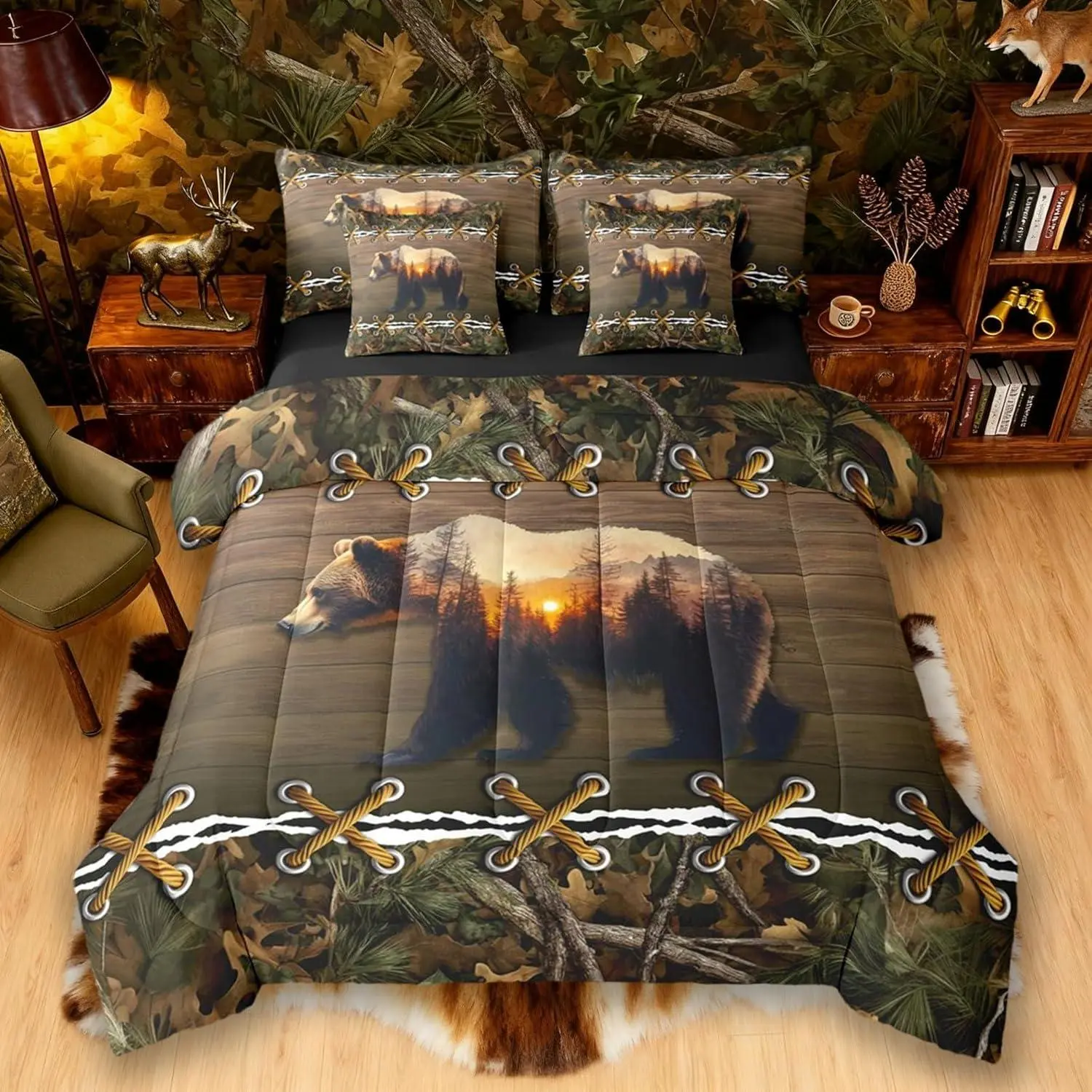 Camo Comforter Set with Sheets | Brown Bear 7 Piece Bedding Set Mens Country Bed in a Bag,Farmhouse Woodland Animals Hunting Room Decor,Camouflage Rustic Cabin Decor Camo Bed Set