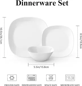 MEKY 18-Piece Opal Dinnerware Set for 6, Square Plates and Bowls - White - Tableware