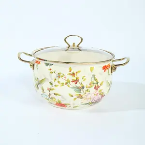 Vintage Flower Pattern Stockpot with Lid, Transparent, Kitchen Accessories Double Ear Enamel Soup Pot, Large Capacity Cooking Pot, Cookware for Home Kitchen, Christmas Gift Ideas, Stocking Stuffers