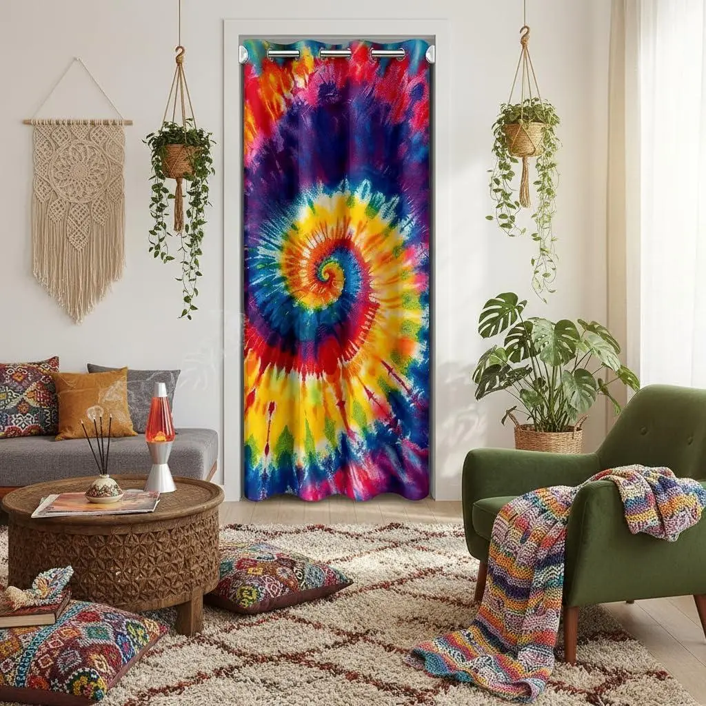Tie Dye Door Curtain,Rainbow Spiral Hippie Style Doorway Blackout Curtain,Watercolor Gradient Psychedelic Door Drape Living Room