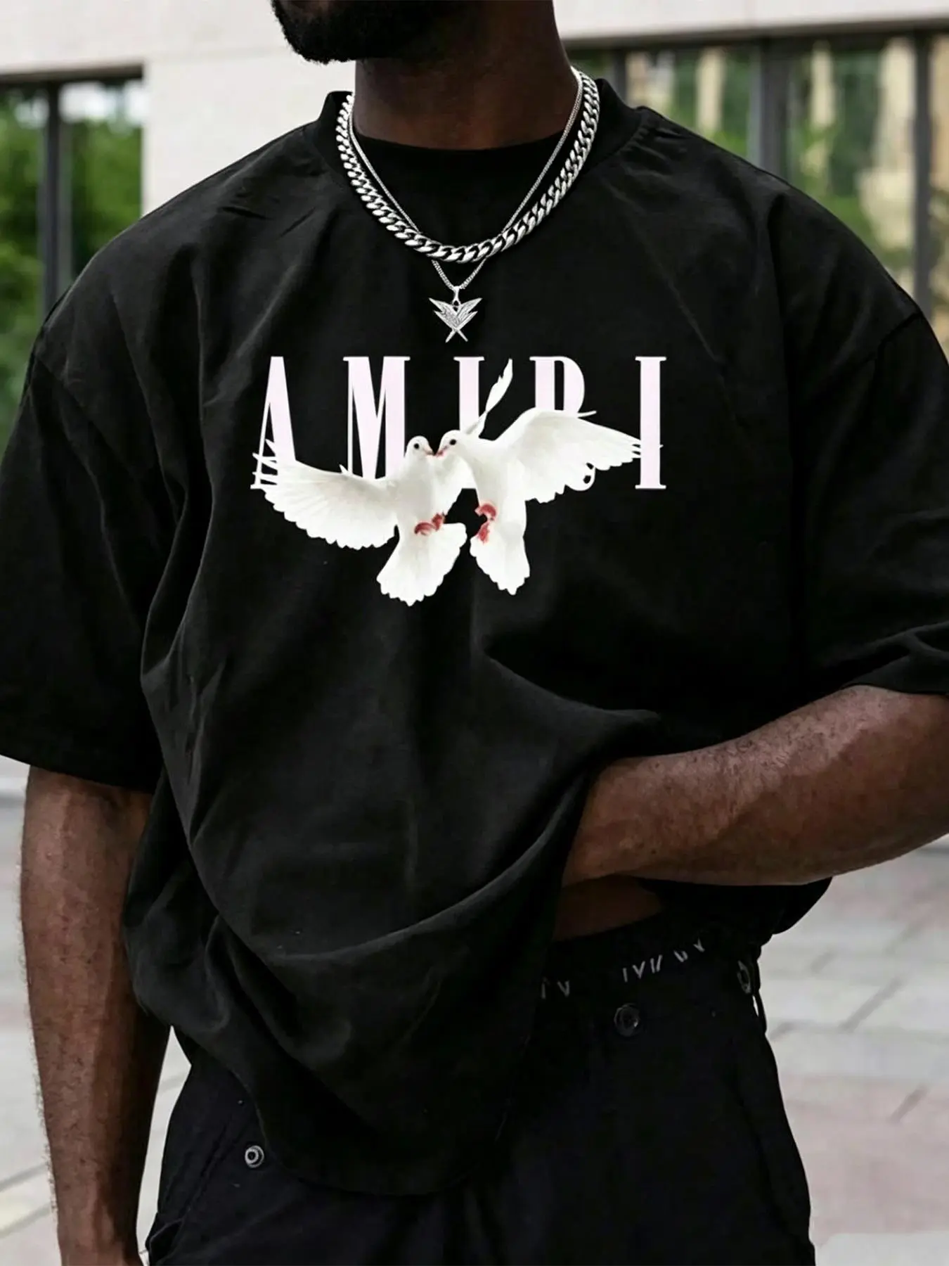 Men’s graphic T-shirt featuring pigeon and letter prints, oversized fit | Casual hip-hop top, stylish Y2K street fashion apparel