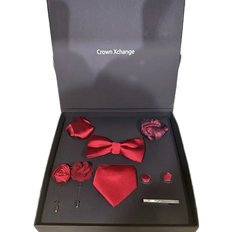 Crown Xchange Tie Collection - Red Silk Bow Tie, Pocket Square, Lapel Pin, Cufflinks & Tie Clip Set