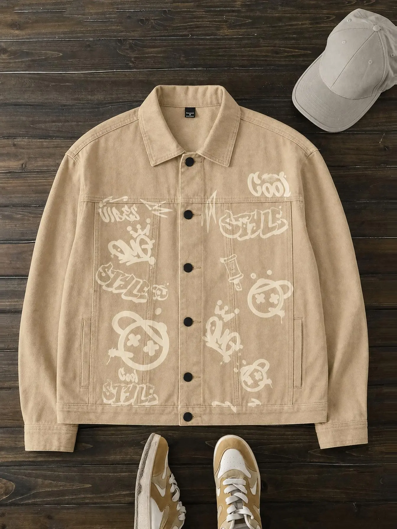 Men High Cotton Khaki Washed Denim Jacket Cartoon Graffiti Print, Button Down Lapel Oversized Loose Jean Coat, Streetwear Cool Smiley Graffiti Pattern Casual Outerwear Teen Boys Hip Hop Jacket All Season Daily Wear