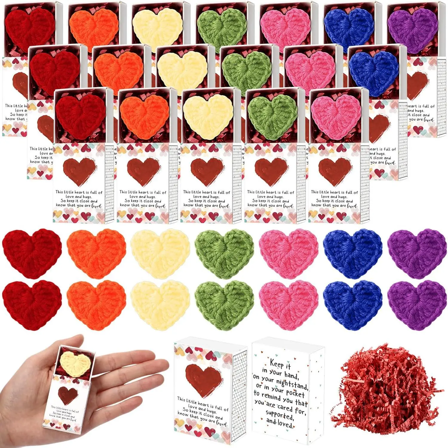 21 Sets  to School Pocket Hug Gifts Bulk 21 Cute Hand Crochet Heart with 21 Greeting Box Inspirational Romantic  for Classroom Students Coworkers Office Teacher