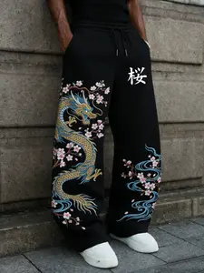 Men's Vintage Japanese Style Floral Pattern Dragon Long Pants, Fitted Drawstring Waist with Pockets, Trendy Streetwear for All Seasons, Casual Streetwear Pants, Casual Streetwear Trousers