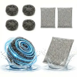 Cleaning Set 4 Wire Brushes and 2 Silver Color Scrub Pads, Powerful Oil Stain Removal, Rust Prevention, No Shedding