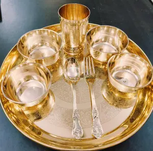 8-Piece Pure Brass Engraved Flower Design Tableware Set, Including Glass, Cutlery, Fork and Spoon