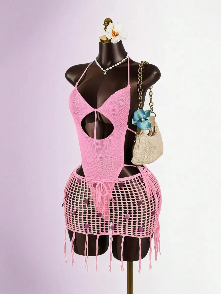 Zesty Sexy Backless Summer Camisole Top & Sequins Decor Skirt Two Pieces Set, Casual Vacation