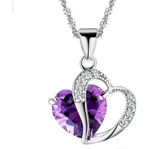 Women Necklace Pendant, Women Fashion Cubic Zirconia Inlaid Heart Shape Pendant Necklace Jewelry Gift Birthday Gift for Mom Women Wife Girls Her - Purple