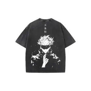 Vintage Gojo Satoru Jujutsu Kaisen Anime Double Sided Print Washed T-Shirt Unisex Oversized Heavy Cotton Anime Manga Tee Gift for