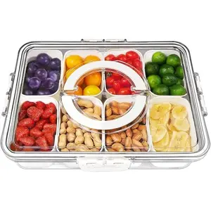 8-Compartment Divided Serving Tray with Lid & Handle - Portable Snack Container For Fruit, Veggies, Candy - Travel Charcuterie Board for Kids & Adults