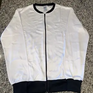 All white zip up bomber jacket fleece sublimation blank black trims