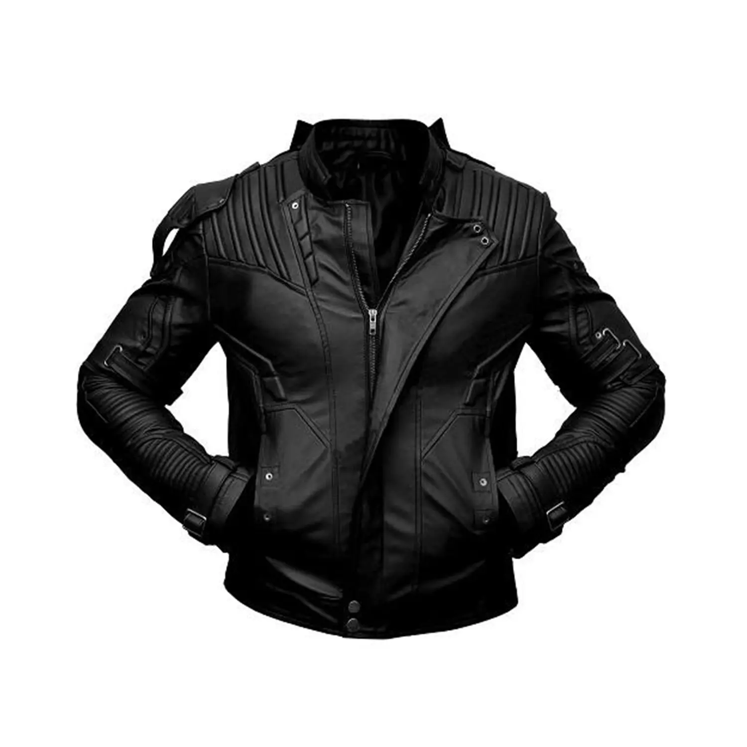 Men's Black Short Collar Biker Genuine Sheepskin Leather Jacket