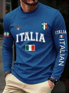 Men's Letter Flag Graphic Print Long Sleeve T-Shirt, Casual Fitted Round Neck Top, Fall & Winter Fashion Outdoor Wear