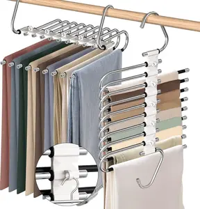 9-Tier Stainless Steel Vertical Trouser Hangers, Space-Saving Home Organizer with 5 Extra Hooks, Non-Slip Coating, Easy Installation, Hanging Clothes Storage for Closet Use