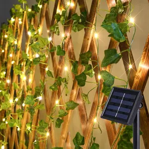 Solar Ivy String Lights Outdoor Waterproof, 33Ft 100 LED Fake Vines with Lights, Artificial Greenery Leaf Fairy Light for Privacy Fence, Wall, Patio, Garden, Balcony Decor (Warm White)