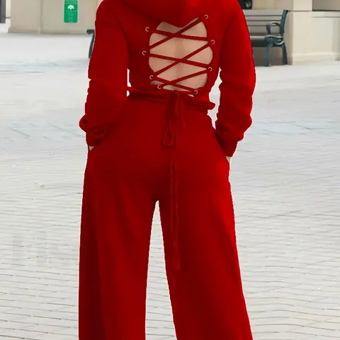 Women's Street Style Fitted Cropped Hoodie & Adjustable Drawstring Waist Wide Leg Pants 2 Set Pantsuit, Short Sleeve Pullover Knit Sweatshirt, Casual for Spring & Fall Seasons, Womenswear