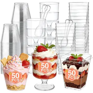 150 Set 5 oz Plastic Dessert Cups Assorted Shape - 50 Square 50 Round 50 Goblet Clear Appetizer Cup, Small Dessert Cup for Jello Shots, Parfait, Puddings, Mousse