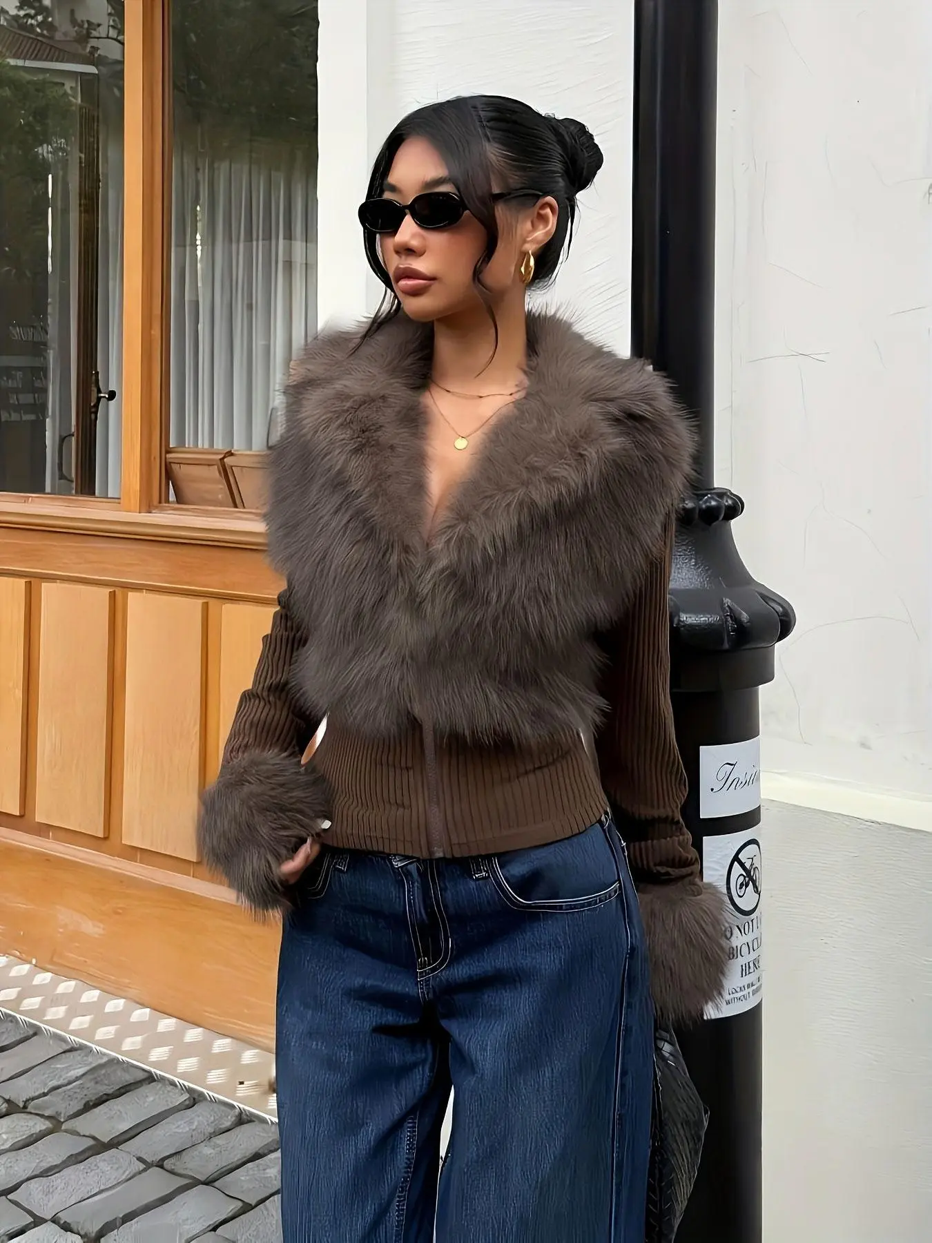 Fashion Street Style Casual Faux Fur Patchwork Zipper Long Sleeve Women's Slim Fit Jacket Coats, Spring & Fall Clothing, Stylish and Warm Outerwear, Womenswear