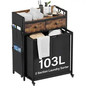 103L Laundry Hamper Sorter, 2-Section Rolling Laundry Basket Organizer with Wheels & Shelf, Oxford Fabric Bags, Clothes Hamper with 2 Compartments for Room Organization & Storage
