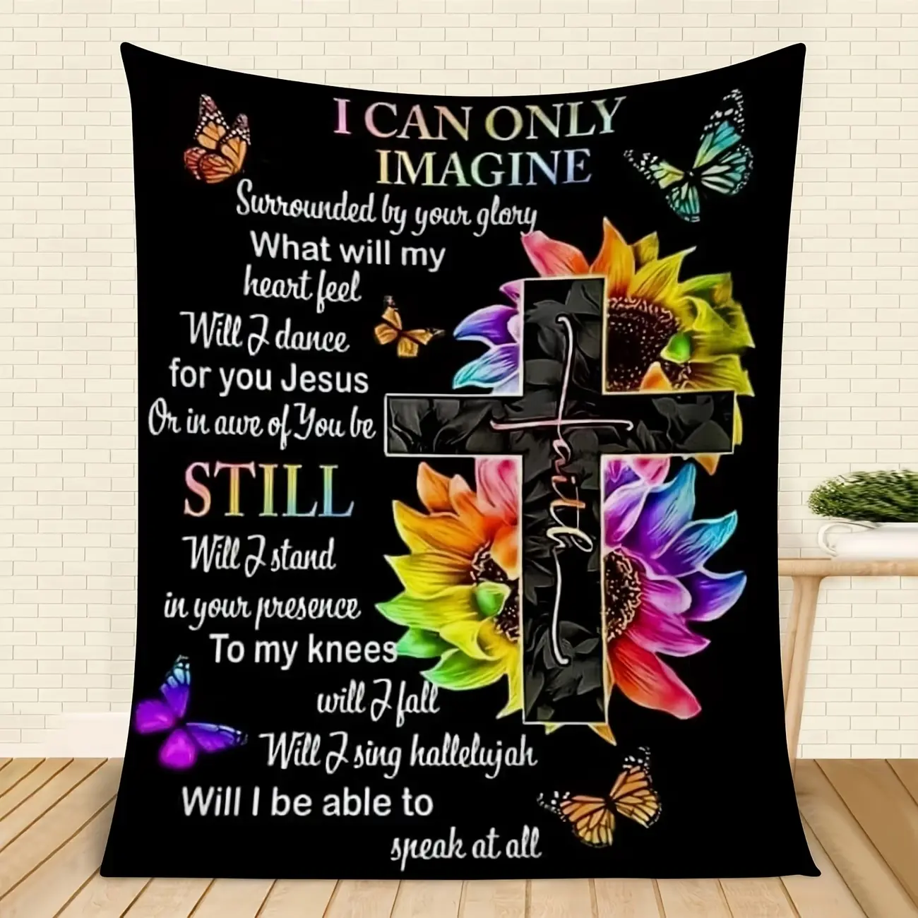 Christian Cross Sunflower Butterfly Inspirational Bible Verse Print Soft Comfortable  Throw Blanket Warm Cozy Couch Bedroom Nap Home Blanket Prayer Room Chapel Decor Catholic Believers Baptism Confirmation Holiday Giftable  Warm Blanket