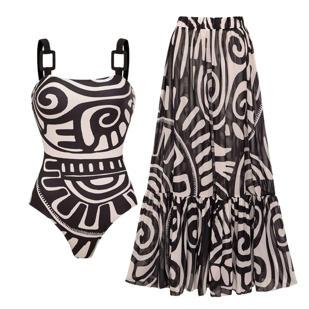FLAXMAKER Women's Adjustable Shoulder Straps Black Tribal Print One Piece Swimsuit and Matching Skirt Setand Matching Cover Skirt Set Swimdress Stylish Beachwear Bathing Suit Swimwear Coverups vacation swimwear for women#Summervibes #SwimWeek