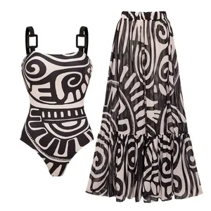 FLAXMAKER Women's Adjustable Shoulder Straps Black Tribal Print One Piece Swimsuit and Matching Skirt Setand Matching Cover Skirt Set Swimdress Stylish Beachwear Bathing Suit Swimwear Coverups vacation swimwear for women#Summervibes #SwimWeek