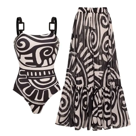 FLAXMAKER Women's Adjustable Shoulder Straps Black Tribal Print One Piece Swimsuit and Matching Skirt Setand Matching Cover Skirt Set Swimdress Stylish Beachwear Bathing Suit Swimwear Coverups vacation swimwear for women#Summervibes #SwimWeek tiktokshopba