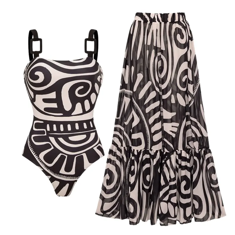 FLAXMAKER Women's Adjustable Shoulder Straps Black Tribal Print One Piece Swimsuit and Matching Skirt Setand Matching Cover Skirt Set Swimdress Stylish Beachwear Bathing Suit Swimwear Coverups vacation swimwear for women#Summervibes #SwimWeek tiktokshopba