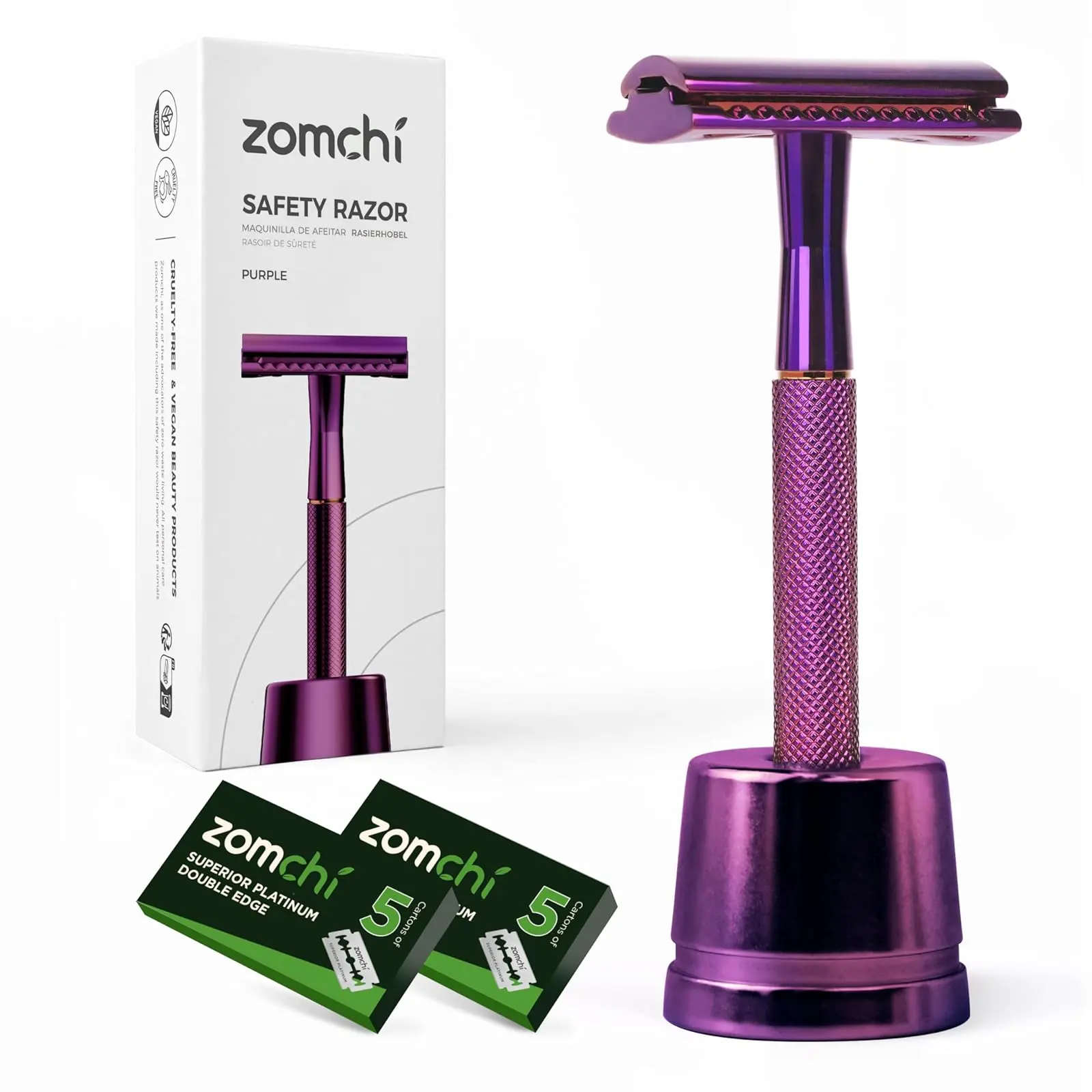 ZOMCHI Double Edge Safety Razor with 10 Safety Razor Blades, Women & Men’s Safety Shaving Razor with Stand, Reusable Razor, Plastic Free – Purple