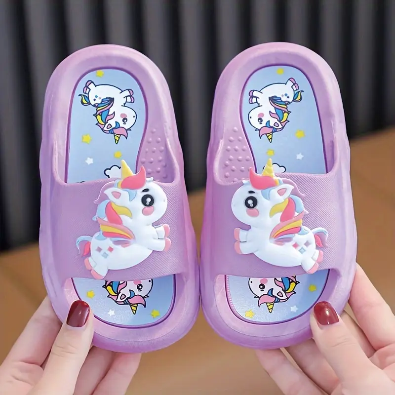 Girls Pink Unicorn Slide Sandals, 3D Cartoon Unicorn Decor Star Print Insole Non-Slip Soft EVA Open Toe Kids Summer Indoor Outdoor Slippers