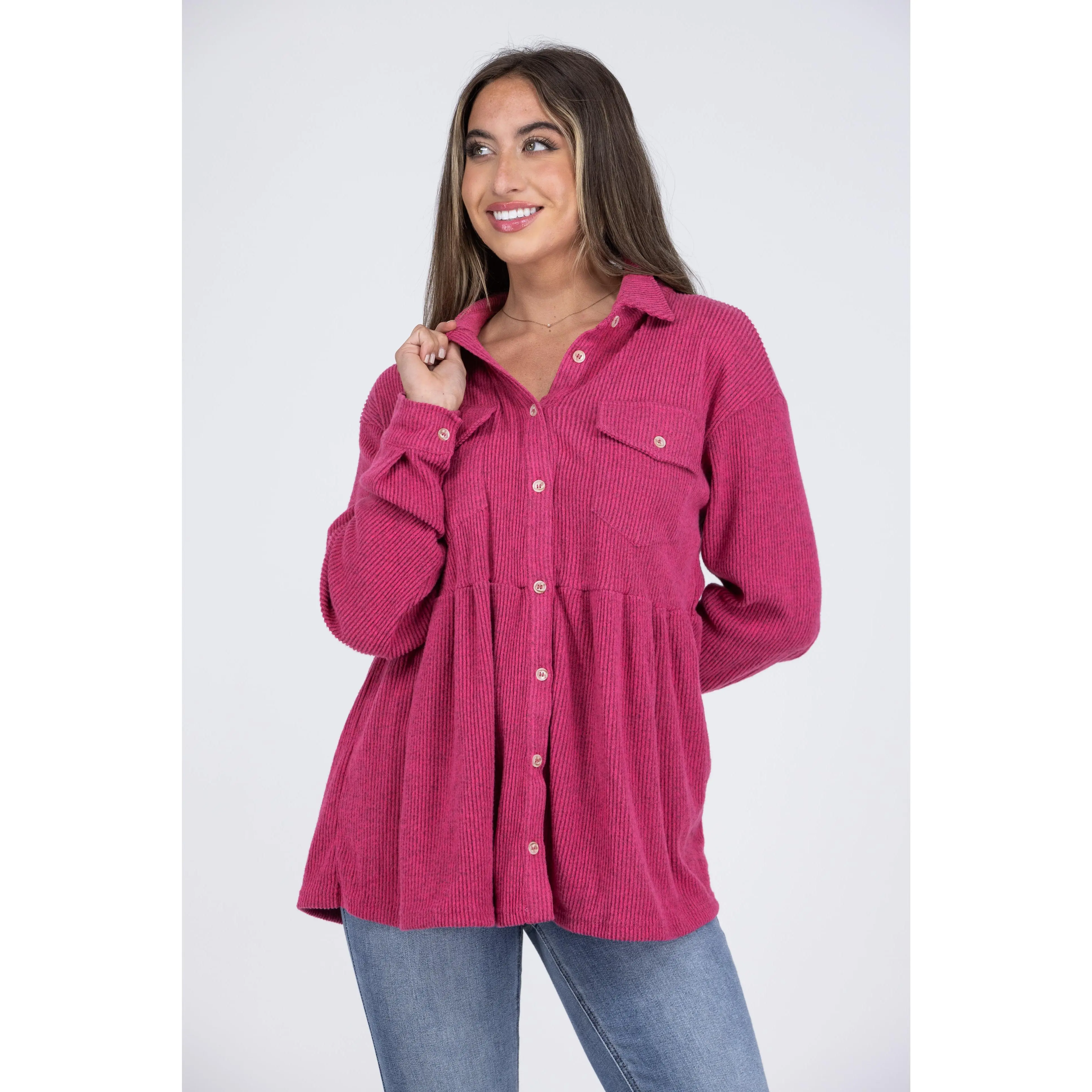 Just Like Old Times Women's Double Breasted PocketsLong Sleeve Top