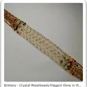 Brittany Glow in the Dark Waistbeads - Crystal Waistbeads with Multi Color Crystals, Gold Cylinder, 45 - 50 Inches Tie Method
