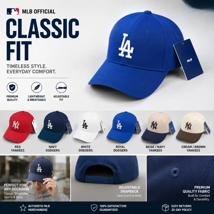 MLB Classic Fit Los Angeles Dodgers New York Yankees Adjustable Snapback Cap Curved Brim Baseball Hat LA NY Logo Hat for Men and Women, Casual Streetwear, Lightweight Everyday Cap