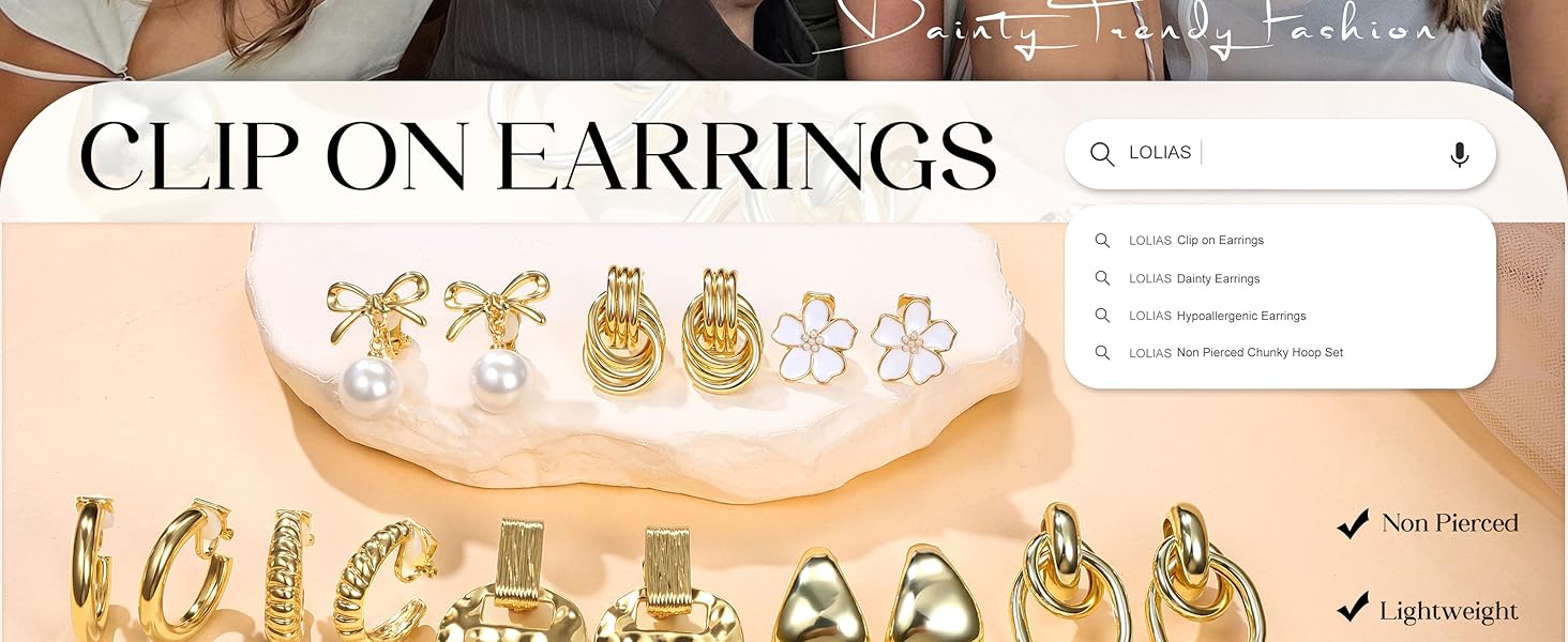 LOLIAS Clip On Earrings for Women 14K Gold Plated Clip Earrings Non Pierced Ears Clips CZ Pearl Knot Twist Chunky Hoop and Studs Earring Set Hypoallergenic Fake Earings Jewelry