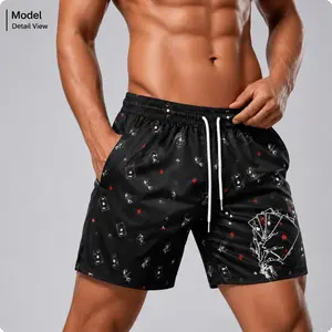 Men’s Black Streetwear Shorts – Playing Card Skeleton Graphic Print, Soft Casual Summer Gym Beach Shorts