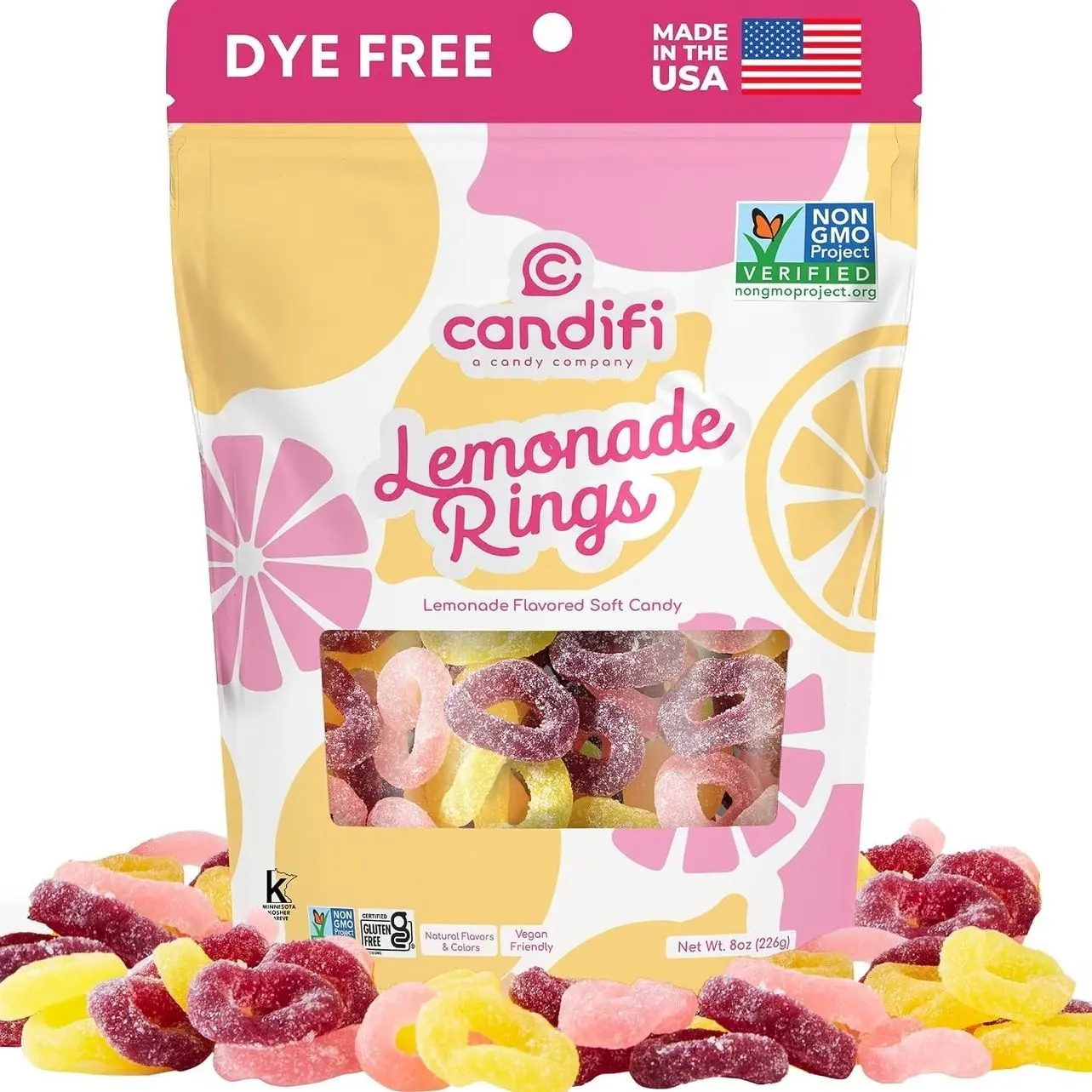 Candifi Lemonade Rings – Sour-Sweet Vegan Pink Lemonade Gummy Rings – Dye Free Candy – Sour Gummies Natural Candy, Non GMO – Kosher, No Gelatin, Gluten Free Snacks (8 oz)
