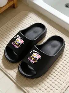 1 Pair Black Cartoon Duck Letter Slides Playful School Style Anti-slip Quick-drying Ultra-soft EVA Thick Sole Slippers For Lively Students Commute And Vacation