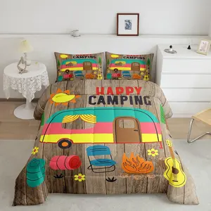 Camper Bedding Comforter,Camping Designer Comforter Set,Rustic Wooden RV Camping Luxury Bedding Set,Cartoon Camping Car Duvet Set,Bedroom Quilt Set